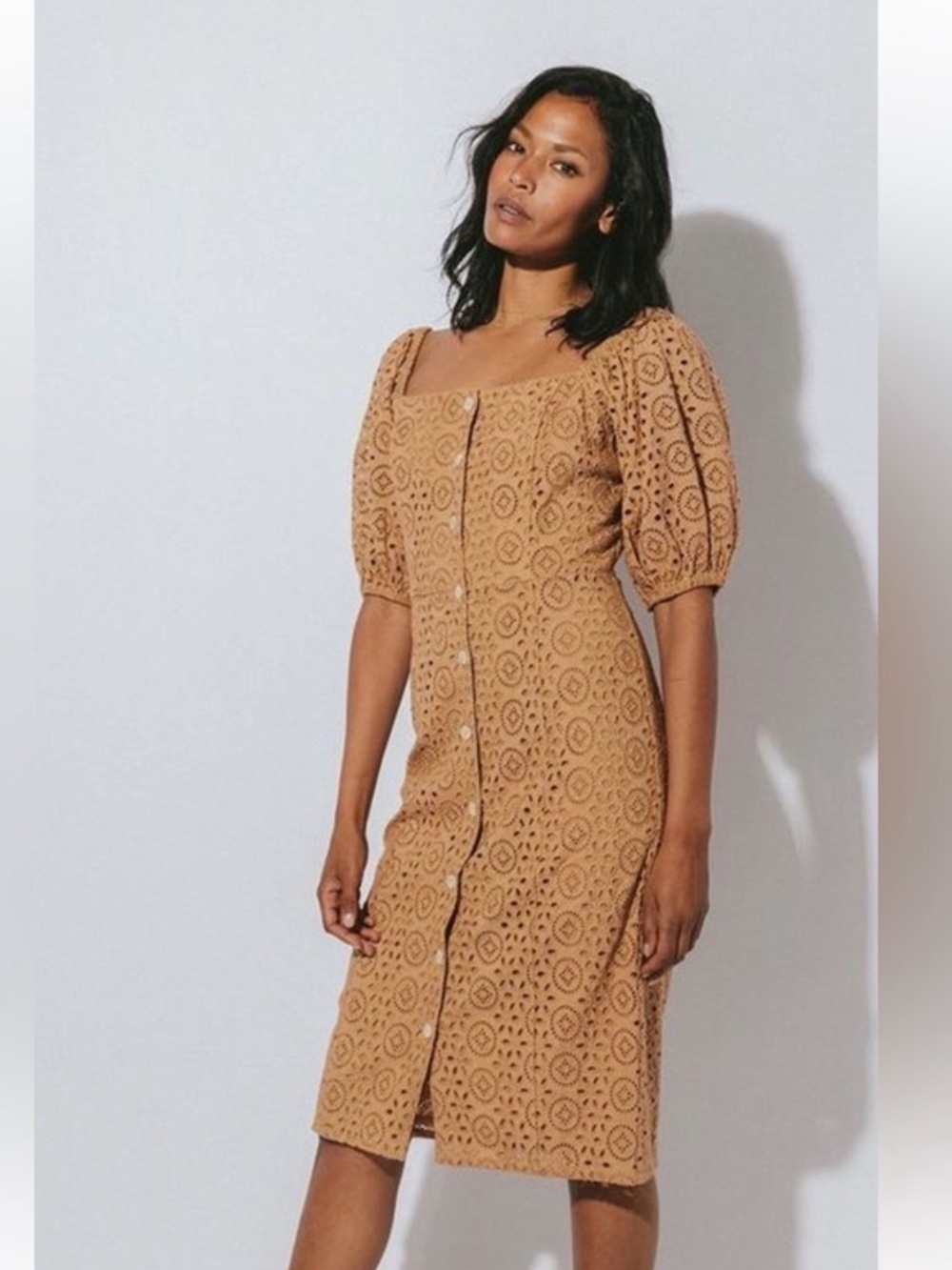 Cleobella Tan Eyelet Button-Front Midi Dress